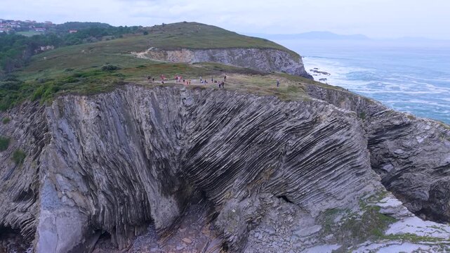 Aerial view from a drone of the Flysch of Bizkaia on the Cantabrian Sea coast between Algorta and Bakio. Province of Bizkaia. Basque Country. Spain. Europe.