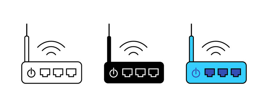 Wireless router device with antenna and connection ports in line solid and colorful style.