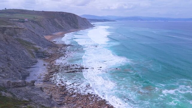 Aerial view from a drone of the Flysch of Bizkaia on the Cantabrian Sea coast between Algorta and Bakio. Province of Bizkaia. Basque Country. Spain. Europe.