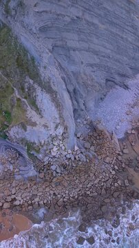 Aerial view from a drone of the Flysch of Bizkaia on the Cantabrian Sea coast between Algorta and Bakio. Province of Bizkaia. Basque Country. Spain. Europe.