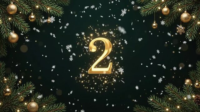 Golden number five countdown on a dark background with christmas tree branches and falling white snowflakes