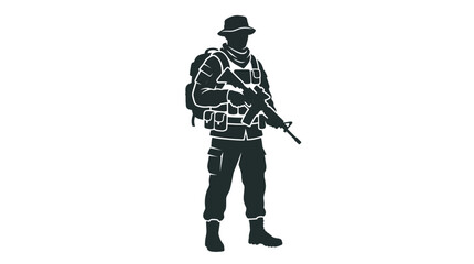 Obraz premium Minimalist Black Silhouette of a Tactical Soldier with Rifle and Gear on White Background