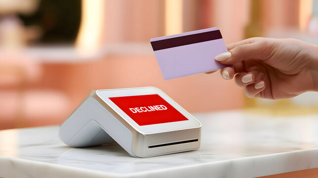 Minimalist banking payment error template featuring rejected plastic card near wireless reader device.