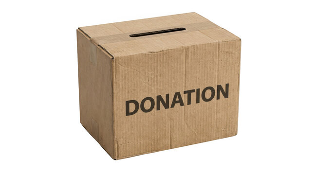 Cardboard donation box with a slot for money or items, isolated on transparent background