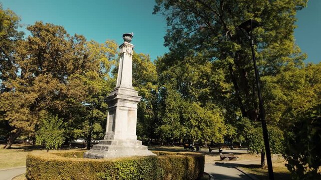 Historic obelisk in Topcider Park honors the second return of Prince Milos to power. Serbian landmark represents history, heritage, culture and tourism.