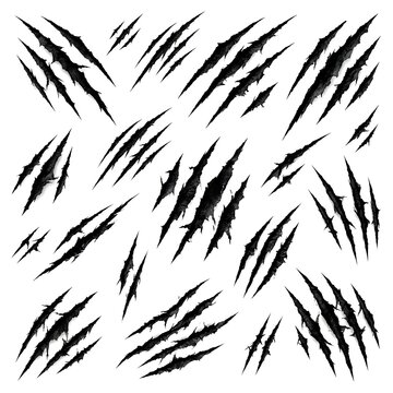 Scratch marks and claw cuts set, realistic predator attacks vector illustration isolated on white background