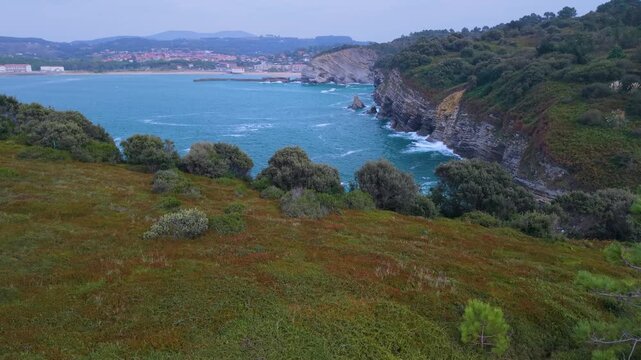 Aerial view from a drone of the Flysch of Bizkaia on the Cantabrian Sea coast between Algorta and Bakio. Province of Bizkaia. Basque Country. Spain. Europe.