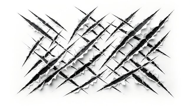 Sharp claw marks ripping through paper, aggressive animal scratch texture isolated on white background for graphic design