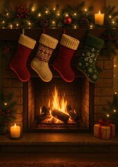 Fototapeta premium Cozy festive fireplace stockings