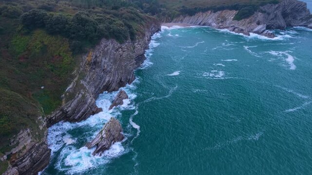 Aerial view from a drone of the Flysch of Bizkaia on the Cantabrian Sea coast between Algorta and Bakio. Province of Bizkaia. Basque Country. Spain. Europe.