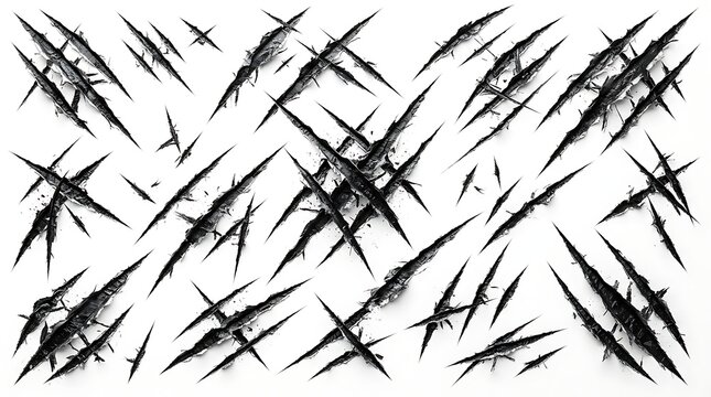 Sharp animal claw scratch marks set, aggressive beast slash damage isolated on white background for horror design