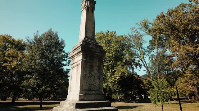 Historic obelisk in Topcider Park honors the second return of Prince Milos to power. Serbian landmark represents history, heritage, culture and tourism.