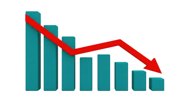 3d render of teal bar chart with red downward trend arrow isolated on transparent background