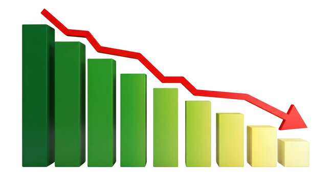 Bar chart graph showing decrease with red arrow isolated on transparent background