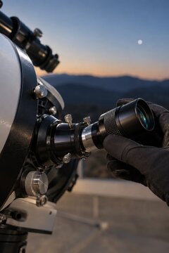 Astronomer Adjusting Telescope at Dusk