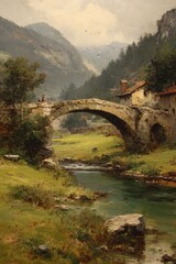 Fototapeta premium Classic oil painting of a peaceful mountain valley with an ancient stone bridge over a flowing river, traditional houses, and lush greenery. Serene landscape art.