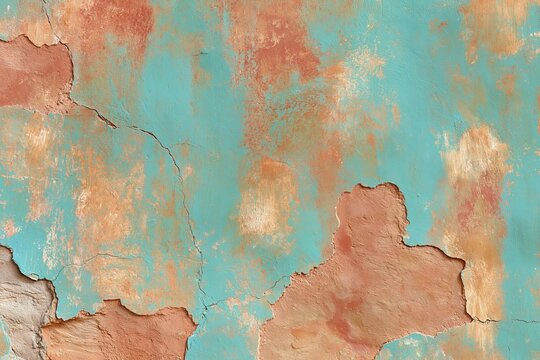 Weathered turquoise and terracotta painted wall with cracked texture and peeling paint