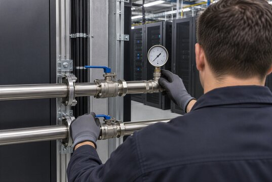 Technician checking coolant pressure gauge on liquid cooling loop in AI data center, maintenance of direct-to-chip server thermal management system with supply and return piping and valves