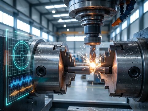 Modern industrial factory with precision drilling machine and augmented reality interface displaying data analytics for smart manufacturing.