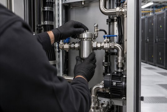 Technician servicing inline coolant filter inside AI data center CDU, liquid cooling maintenance with compact filtration, valves and pump for direct-to-chip high-density server thermal management