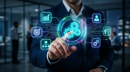 Obraz premium Professional touching glowing blue interface with interconnected gears and digital icons symbolizing business process automation and technology integration.