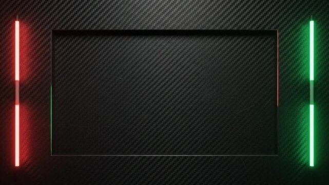 Dark Carbon Fiber Texture Background with Red and Green Neon Light Bars and Empty Display Frame