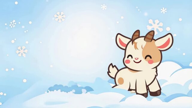 Cute baby goat playing in snowy clouds a cartoon character jumps, peeks and stands in a whimsical winter scene with snowflakes and soft blue sky