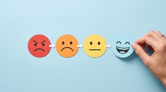 Line of emoticons showing progression from anger to happiness, with hand placing final smiley face, great for customer satisfaction or mood tracking.