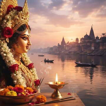 Goddess durga idol overlooking ganges river at sunset during celebration