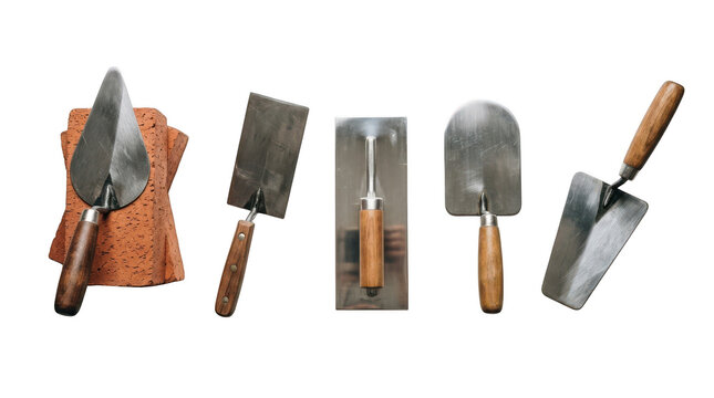 Various types of masonry trowels isolated on transparent background