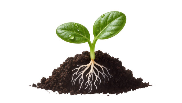 Young green seedling with visible roots growing in dark soil, isolated on transparent background