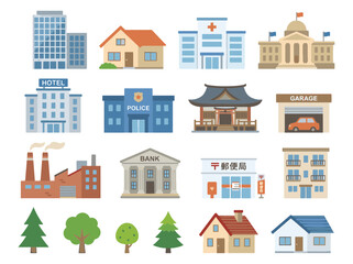 Obraz premium Collection of flat building icons including houses, hospital, bank, police station, hotel, garage, factory, and various green trees