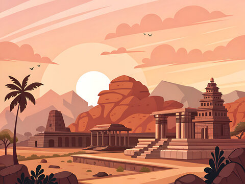 Hampi, Karnataka   iconic Vijayanagara ruins with stone pillars, rocky hills and ancient temple structures, premium sunset palette, modern flat vector style, layered geometric landscape