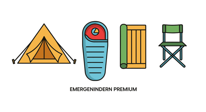 Camping Gear Icons: Tent, Sleeping Bag, Mat, Chair - Outdoor Adventure Essentials