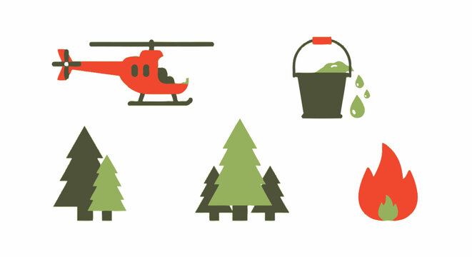 Forest Firefighting Icons: Helicopter, Water Bucket, Trees, and Flame