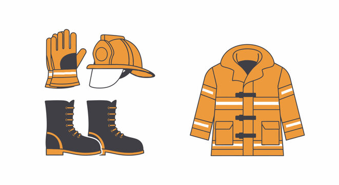 Firefighter Gear Set: Helmet, Gloves, Jacket, Boots - Professional Safety Equipment Illustration