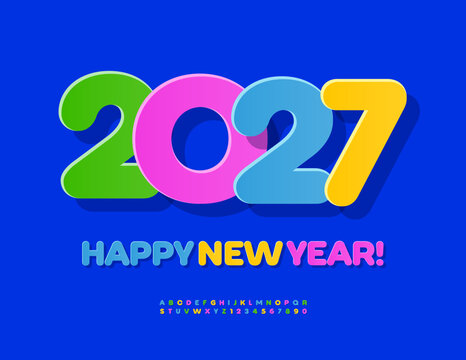 Vector Artistic Greeting Card Happy New Year 2027! Bright Children Font. Colorful Sticker set of Cute Alphabet Letters and Numbers.