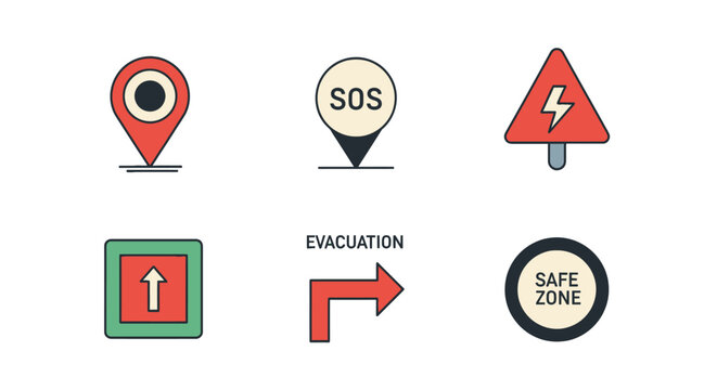 Emergency Safety Icons: Location, SOS, Danger, Evacuation, Safe Zone