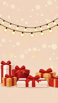 Festive arrangement of wrapped gift boxes under hanging string lights with bokeh background. holiday presents and celebration scene.