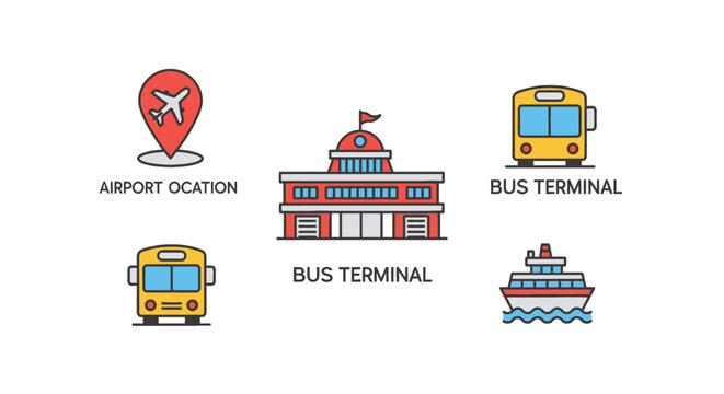 Transportation Icons: Airport, Bus Terminal, Ferry Boat - Travel Icons Set