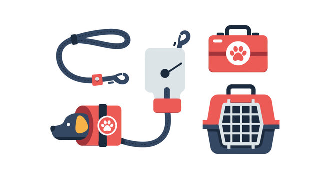 Dog Care Essentials: Leash, Carrier, First Aid Kit, and Water Bottle Icons