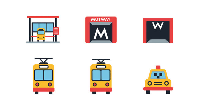 Public Transport Icons: Bus Stop, Metro Entrance, Tram, Taxi