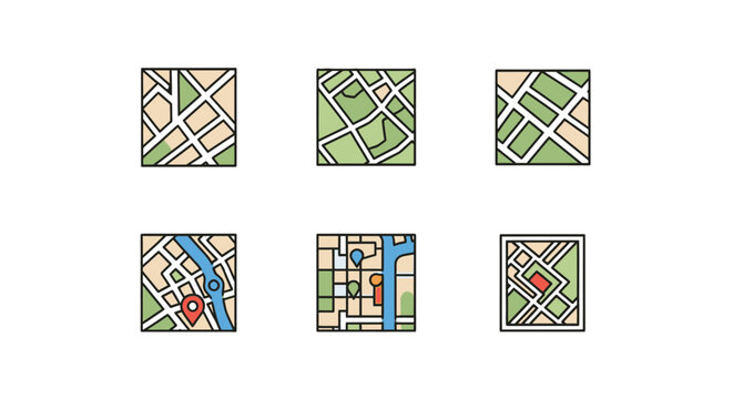 Set of stylized map icons, navigation, location, city plan, abstract grid, graphic design elements