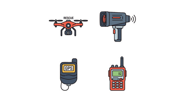 Drone, Thermal Camera, GPS, Walkie-Talkie Icons for Search and Rescue Technology