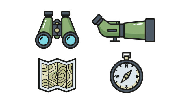 Binoculars, Spotting Scope, Map, Compass Icons: Outdoor Adventure and Navigation Tools