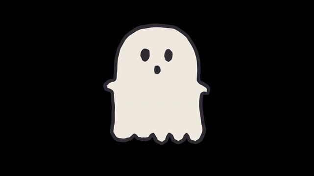 Cute ghost floating happy cartoon drawing in black and white for spooky overlay stop motion animated loop transparent background