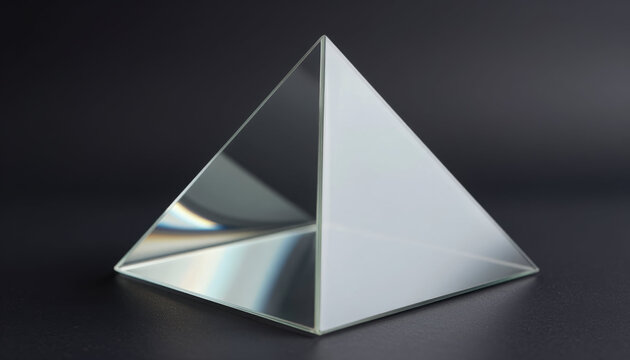 Translucent glass pyramid with internal refraction on dark background, geometric prism with reflective surface