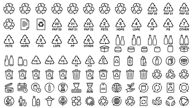100 Eco Packaging and Waste Disposal Outline Icons Featuring Recycling Symbols PAP Material Codes 12M Shelf Life and Trash Containers