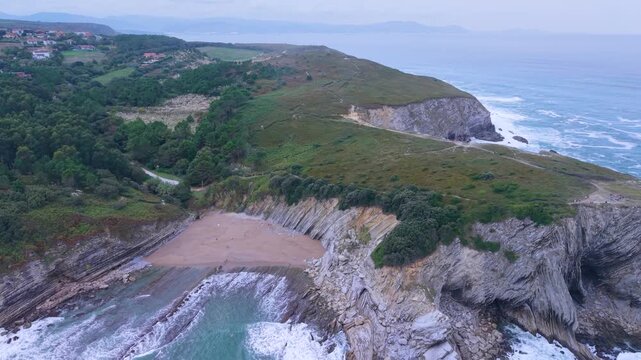 Aerial view from a drone of the Flysch of Bizkaia on the Cantabrian Sea coast between Algorta and Bakio. Province of Bizkaia. Basque Country. Spain. Europe.