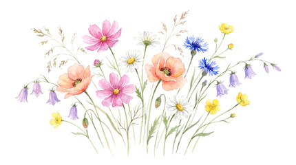 Obraz premium Colorful wildflower bouquet illustration featuring hand painted delicate botanical elements including chamomile, poppies, cornflowers, and grass stems isolated on transparent background